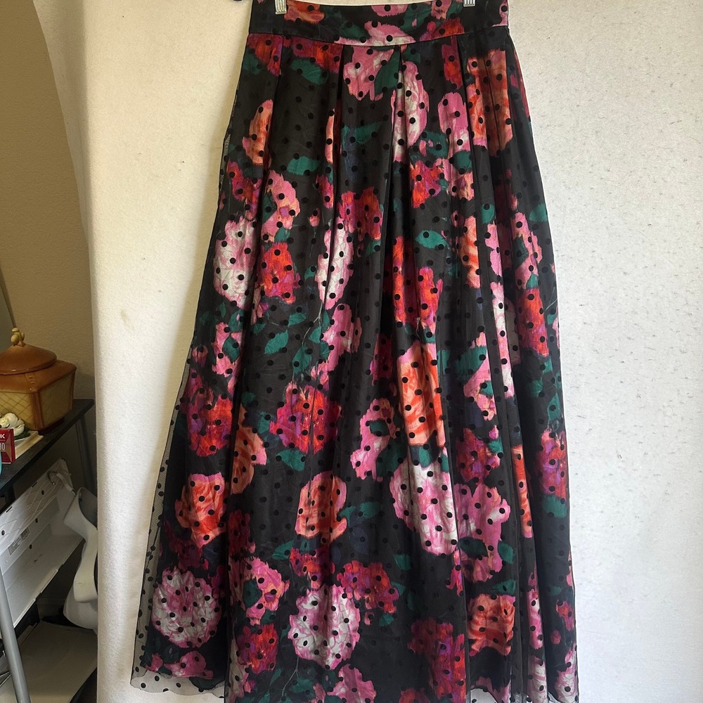 Eliza J Floral Polka Dot Mesh Maxi Skirt Black Pink Velvet Flocked Pleated 10